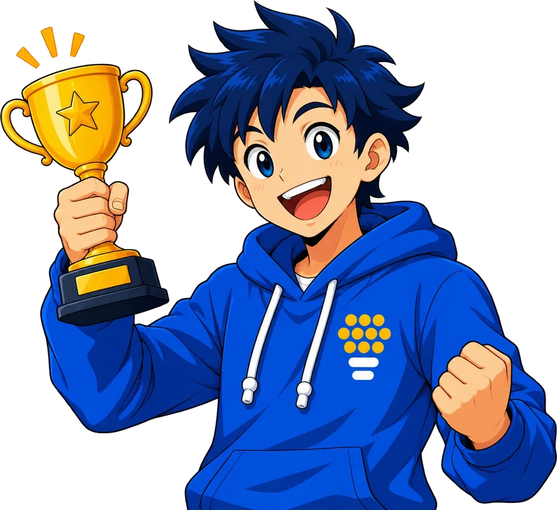 TekAsist mascot celebrating with a gold trophy