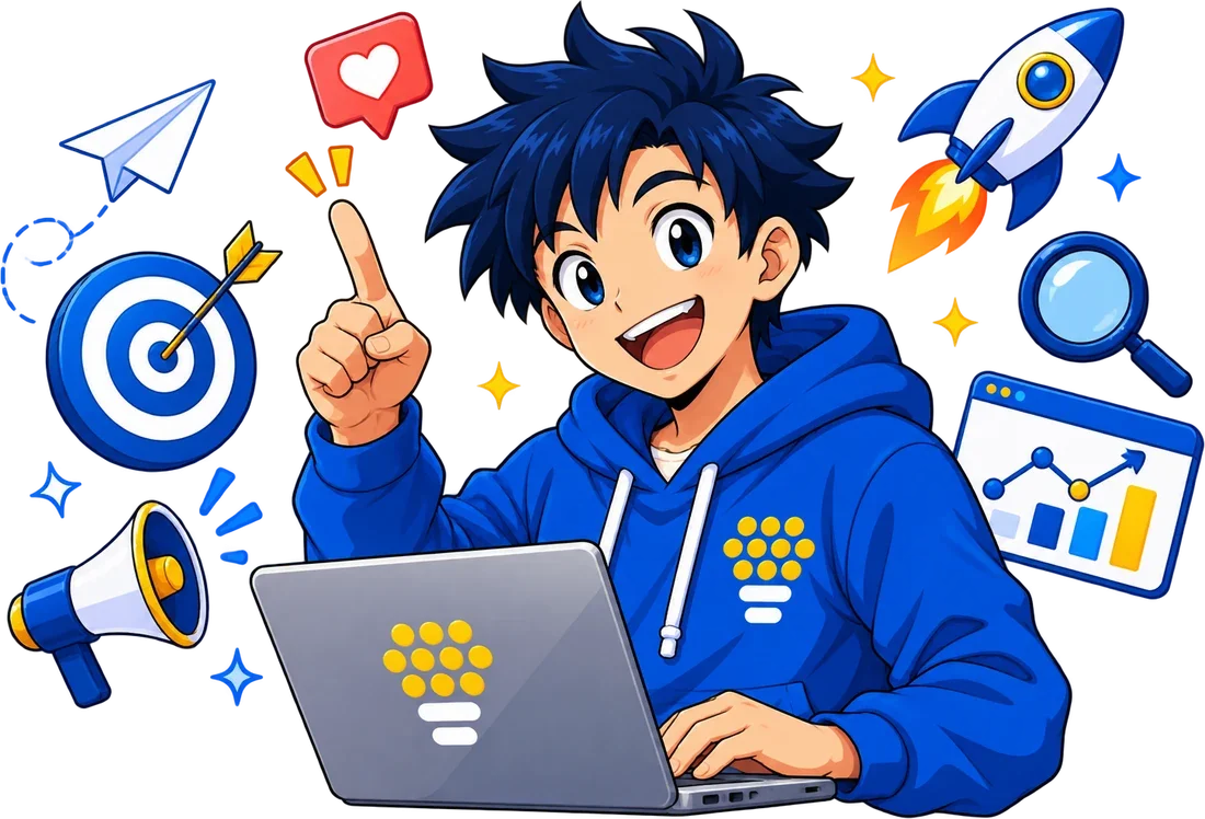 TekAsist mascot at a laptop surrounded by marketing icons: target, megaphone, analytics, search and rocket