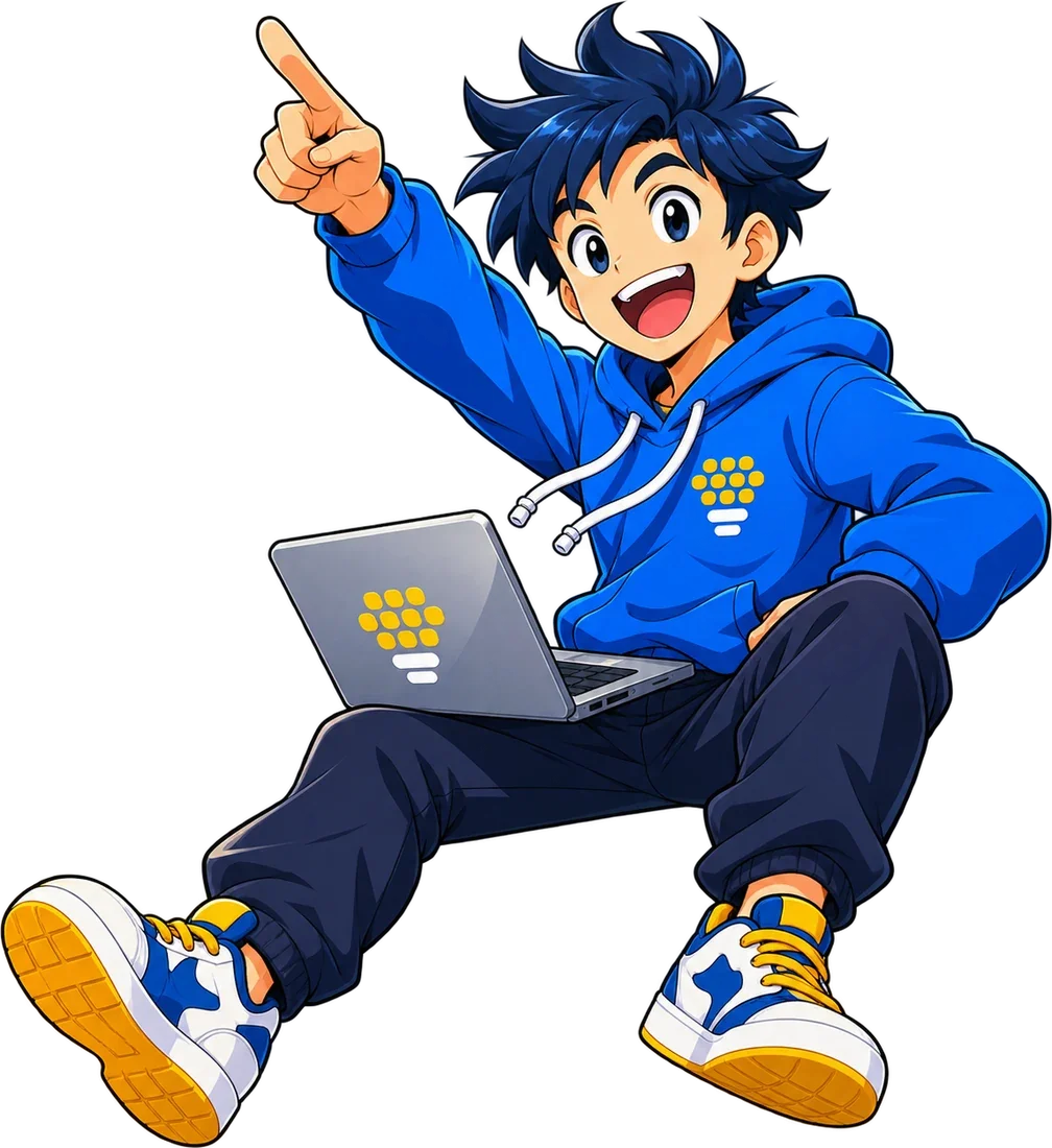 TekAsist mascot sitting with a laptop and pointing upward