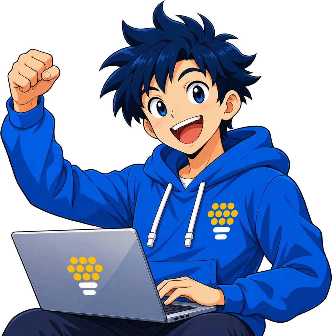 TekAsist mascot cheering at a laptop