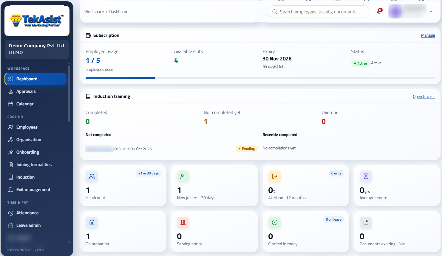 TekAsist HRMS Portal dashboard